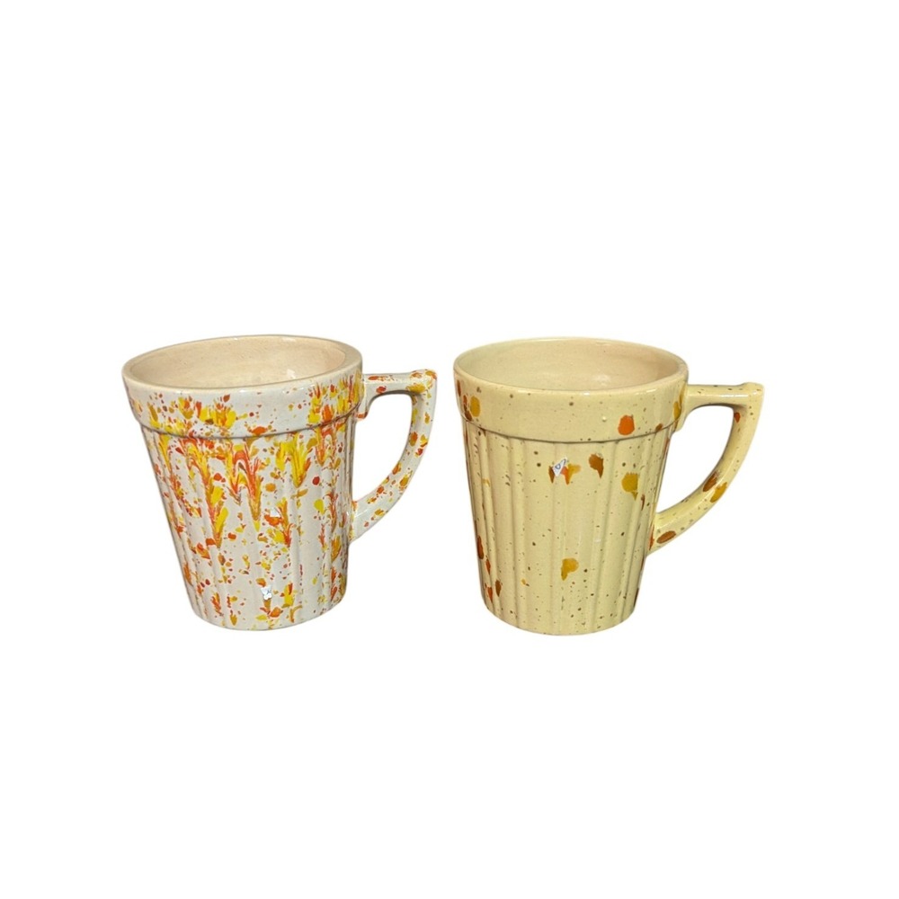 vintage usa pottery ribbed splatter mugs orange yellow set of 2 MCM retro
